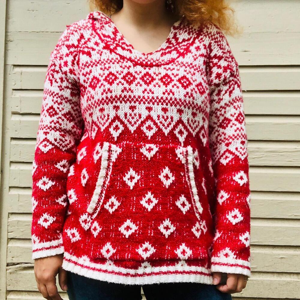 Pink Rose Women’s Long Sleeve Knitted Pullover Hooded Sweater‎ Size XL Red White